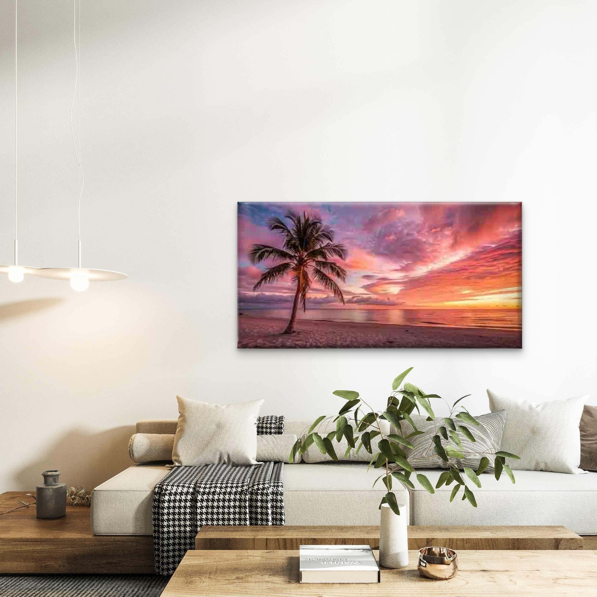Tropical Beach Sunset Palm Tree Wall Art Canvas Office Home Room Framed 120x60cm - Bella Home Decor