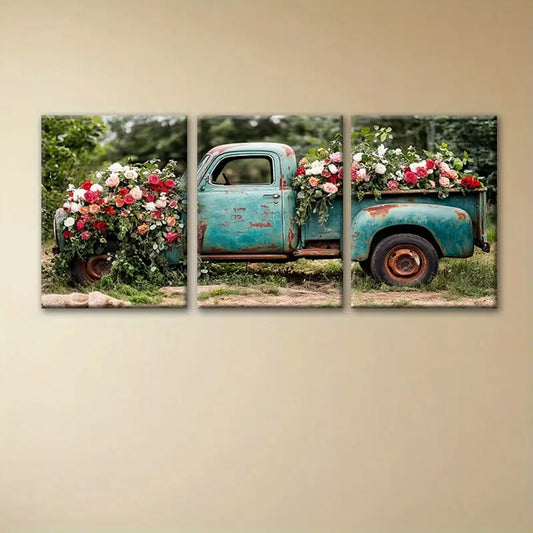 3pcs Flowers On The Mysterious Car Painting Metal Print Ready to Hang Art