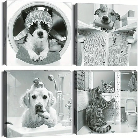 4pcs Black & White Dog In Shower Wall Art Canvas Framed