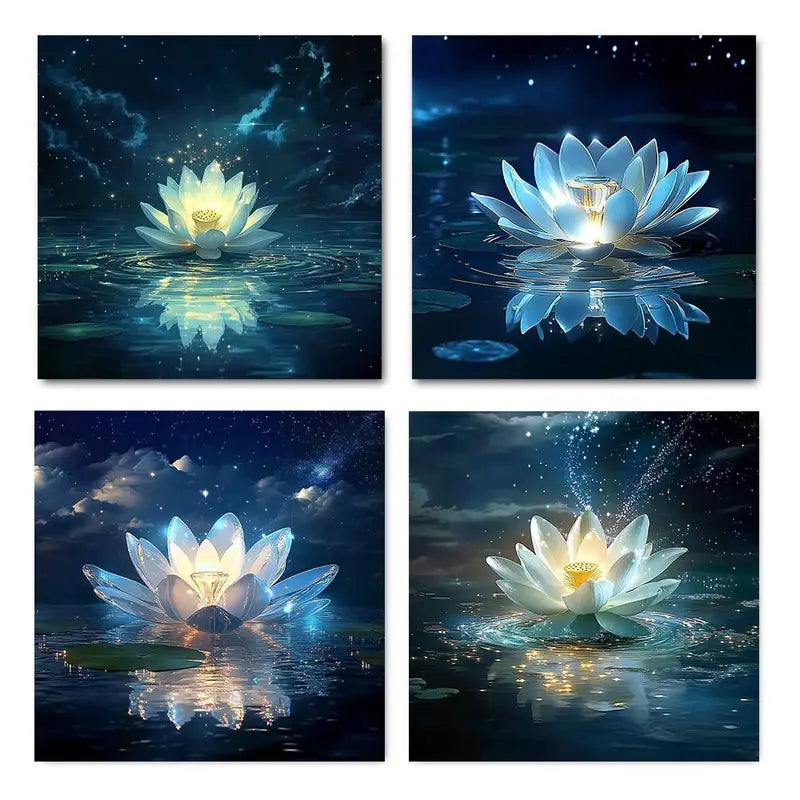4pcs Blue Lotus with Glowing Center, Wall Art Canvas Framed