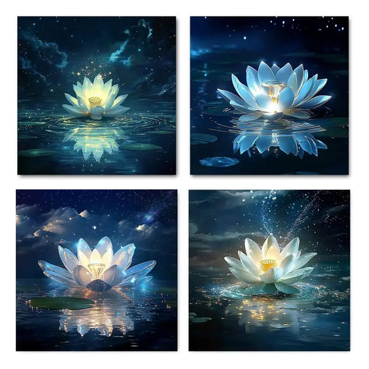 4pcs Blue Lotus with Glowing Center, Wall Art Canvas Framed