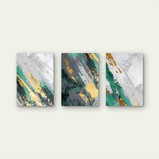3pcs Modern Emerald Gold Grey Abstract Metal Print Ready to Hang Art