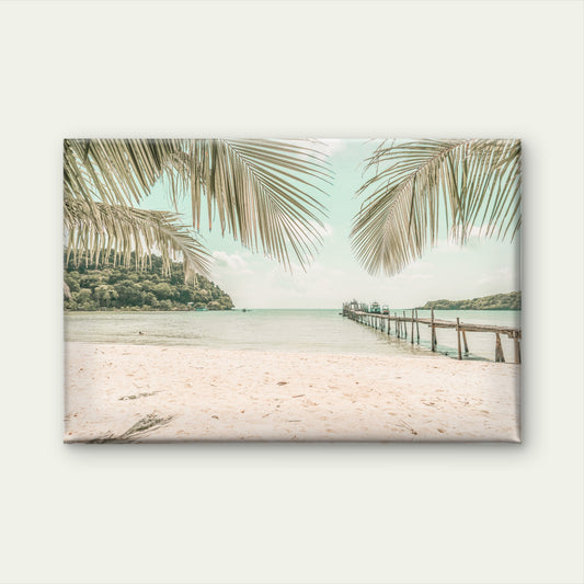 Tropical beach, sea with Coconut Palm Trees in paradise island Neutral Vintage Canvas Print Wall Art Decor 100% Australian Made