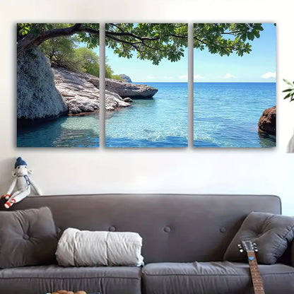 3pcs Serene Beach With Rocks Greenery Wall Art Set Canvas Framed 50x70cm - High Quality Print 100% Australian Made Wall Canvas Ready to Hang