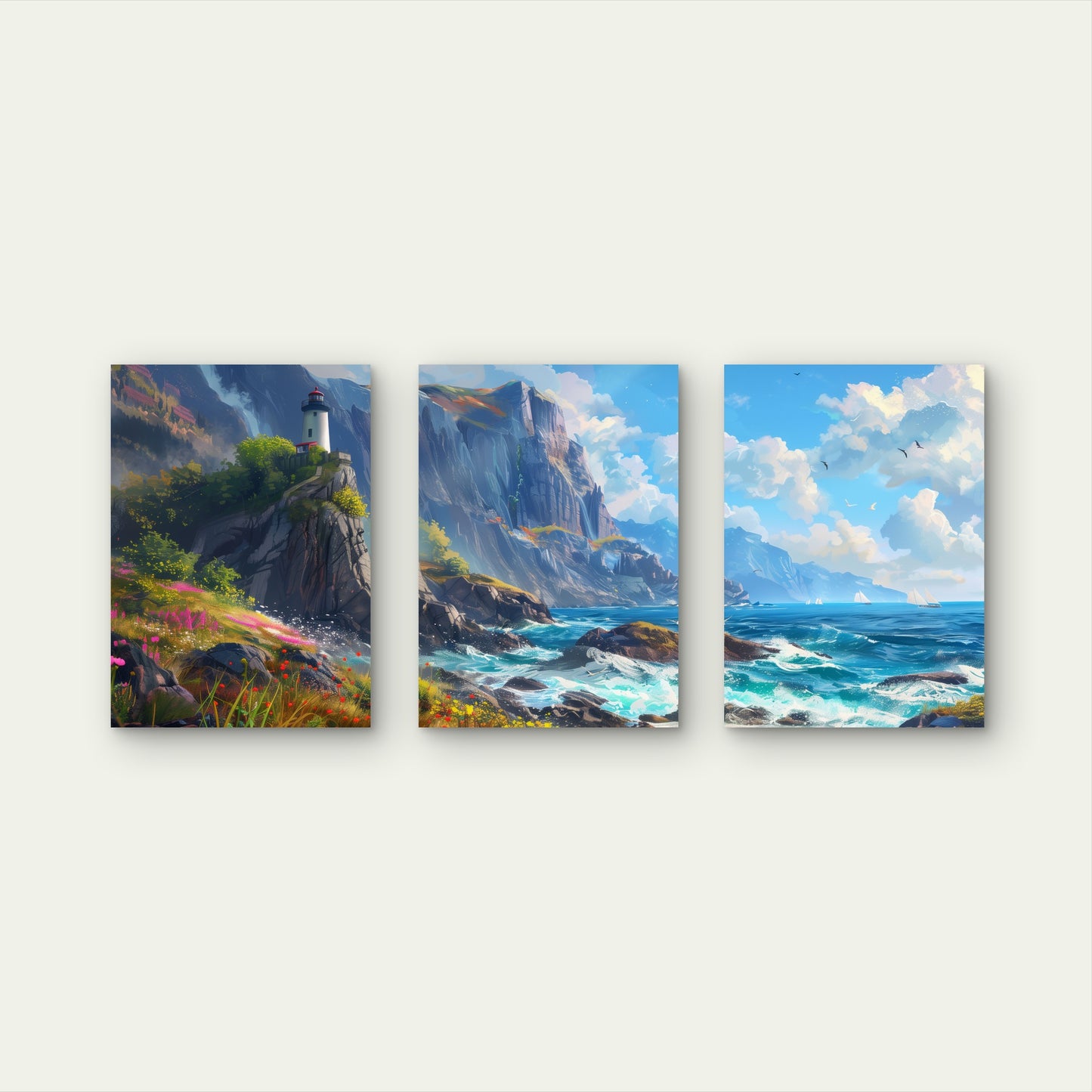 3pcs Coastal Ocean Lighthouse Rocky Cliffs Wall Art Set Canvas Framed 60x90cm - High Quality Print 100% Australian Made Wall Canvas Ready to Hang