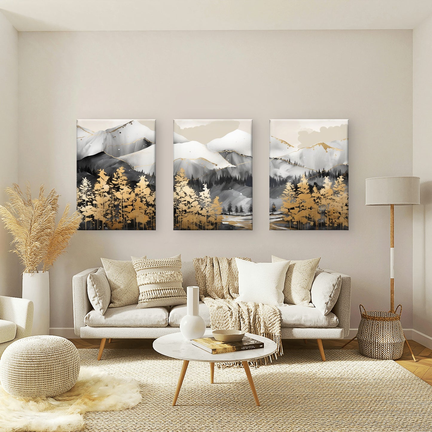 3pcs Gold Pine Tree Black White Mountain Forest Wall Art Set Canvas Framed 40x60cm - High Quality Print 100% Australian Made Wall Canvas Ready to Hang