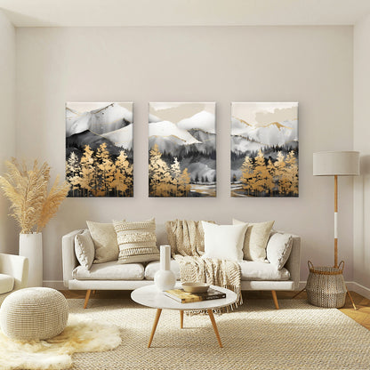 3pcs Gold Pine Tree Black White Mountain Forest Wall Art Set Canvas Framed 50x70cm - High Quality Print 100% Australian Made Wall Canvas Ready to Hang