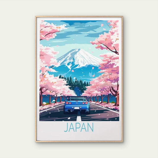 Japan Snowy Mountain and Cherry Blossom Travel Poster Print Wall Art - Bella Home Decor