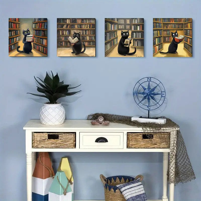 4pcs black cat looking for the book Wall Art Canvas Framed