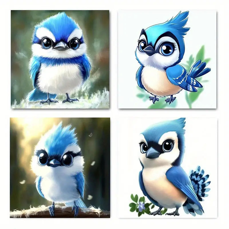 4pcs Vintage Abstract Blue & White Bird Canvas Wall Art Canvas Framed