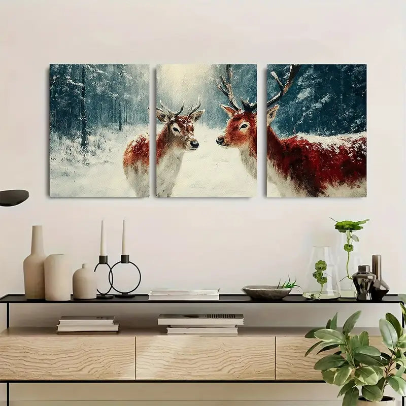 3pcs Red Deer Winter Forest Scene Metal Print Ready to Hang Art