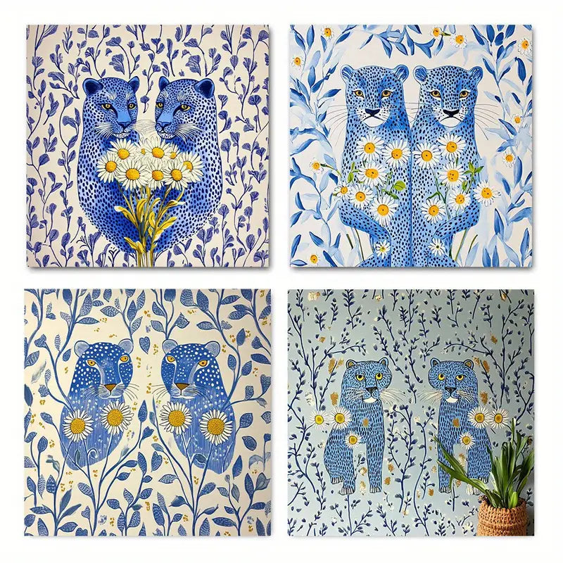 4pcs Blue Cheetah ThemeWall Art Canvas Framed