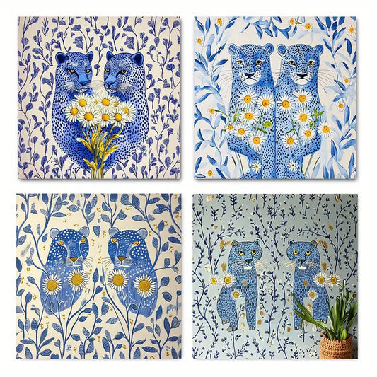 4pcs Blue Cheetah ThemeWall Art Canvas Framed