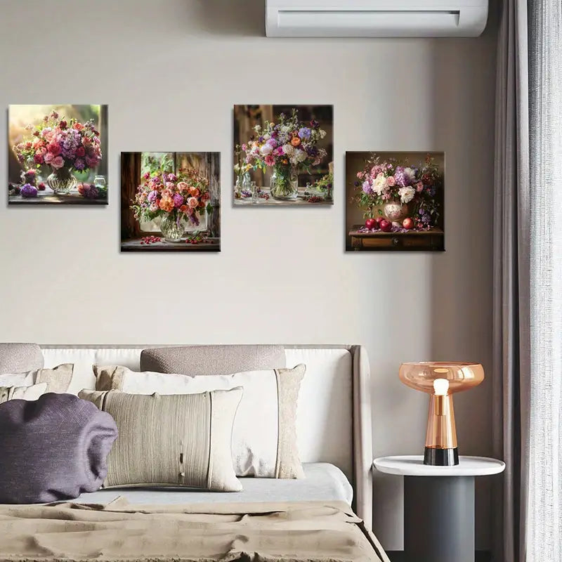 4pcs  Rustic Elegance Flowers  Wall Art Canvas Framed