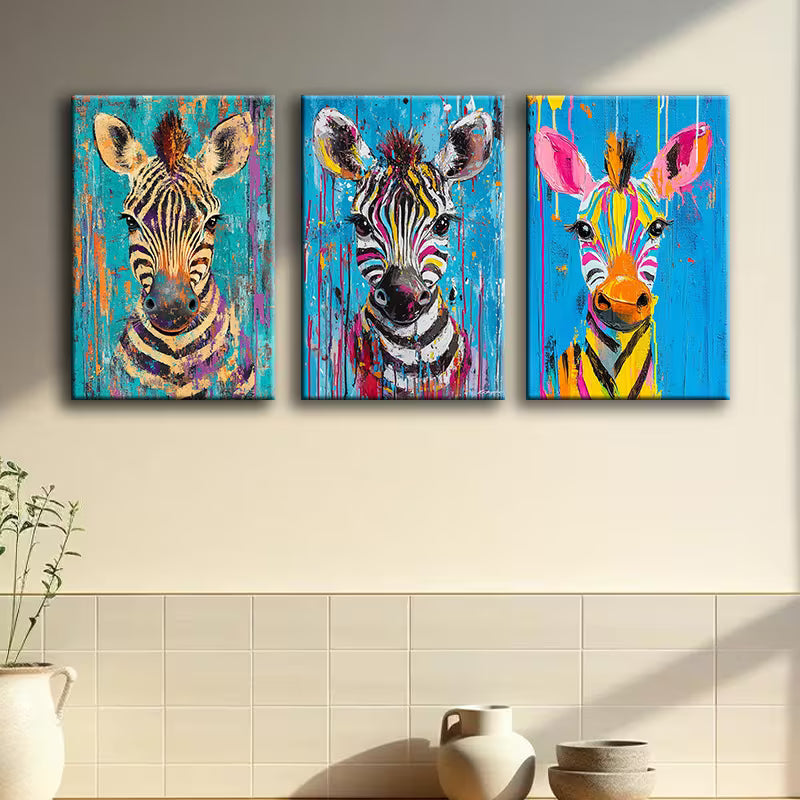 3pcs A vibrant zebra Wall Art Set Canvas Framed 40x60cm - High Quality Print 100% Australian Made Wall Canvas Ready to Hang - Bella Home Decor