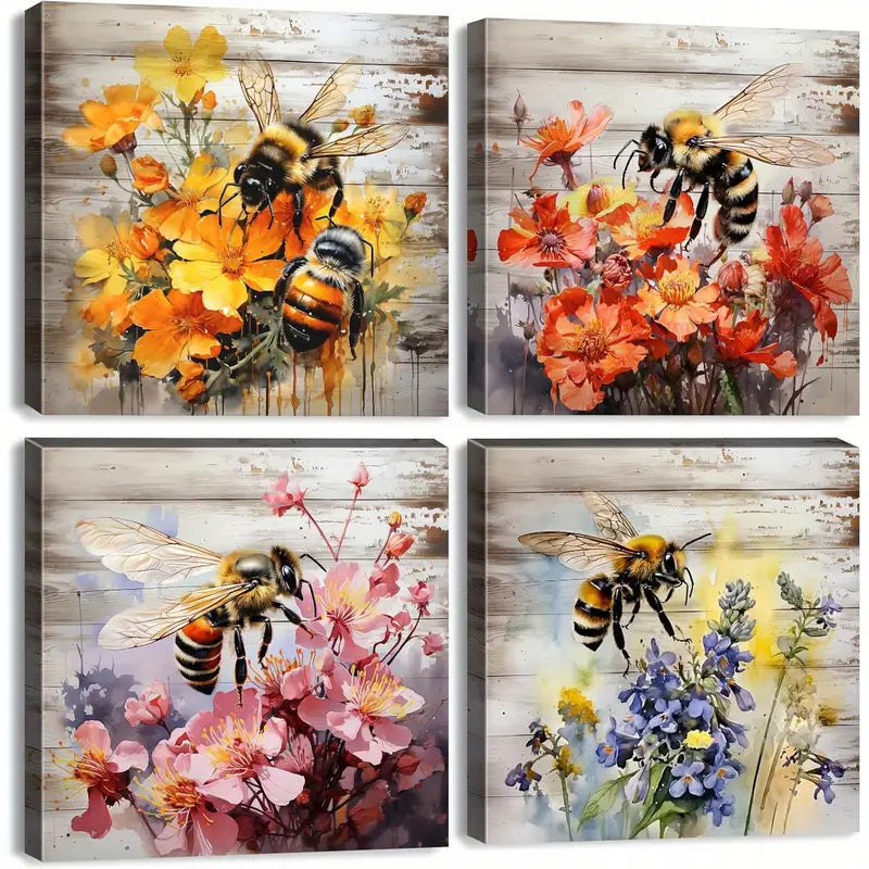 4pcs Rustic Bee & Wildflower Wall Art Canvas Framed