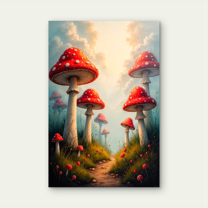 Whimsical Fantasy Landscape of Red-Capped Mushrooms 40x60cm Metal Print Ready to Hang