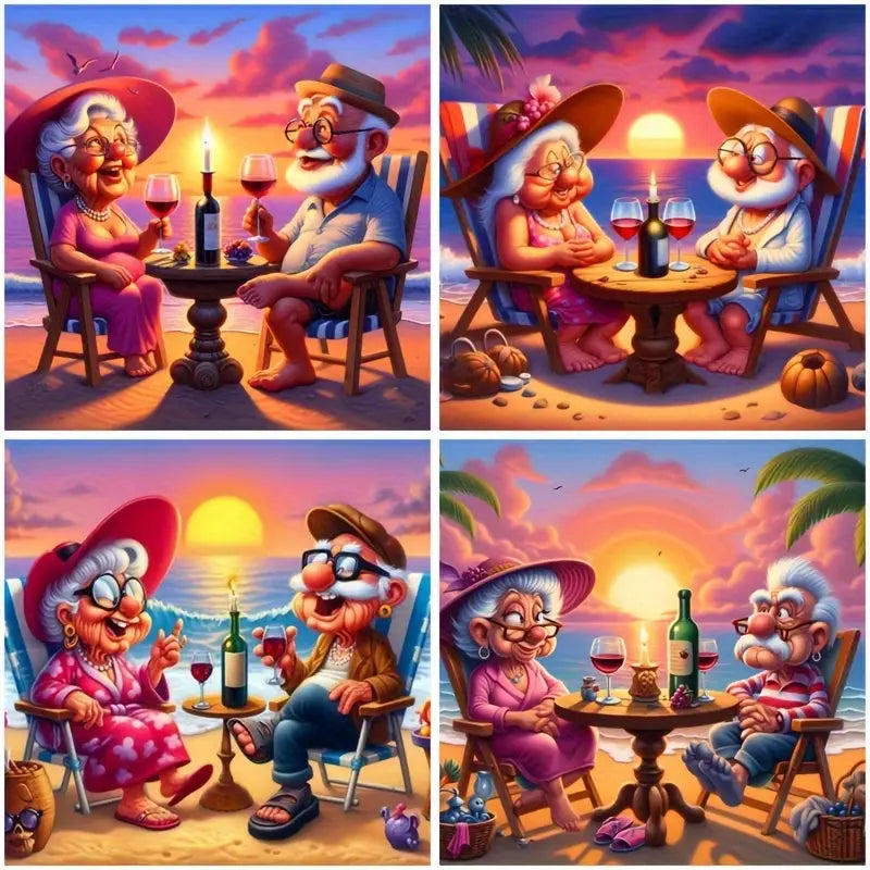 4pcs Elderly Grandpa And Grandma Characters Wall Art Canvas Framed