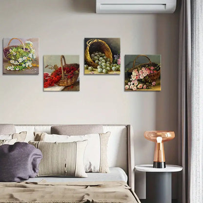 4pcs Willow Basket Red Berries, Green Plum Wall Art Canvas Framed