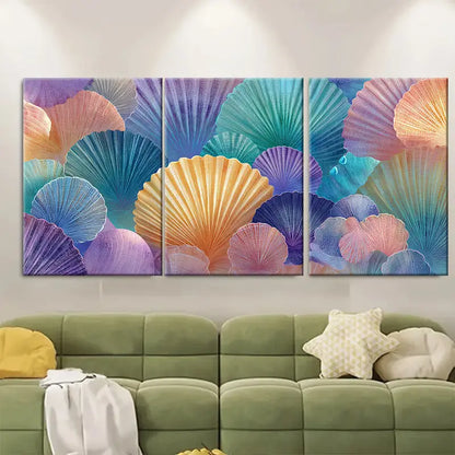 3pcs Turquoise, Purple, Pink, Orange, Blue Shells Metal Print Ready to Hang Art