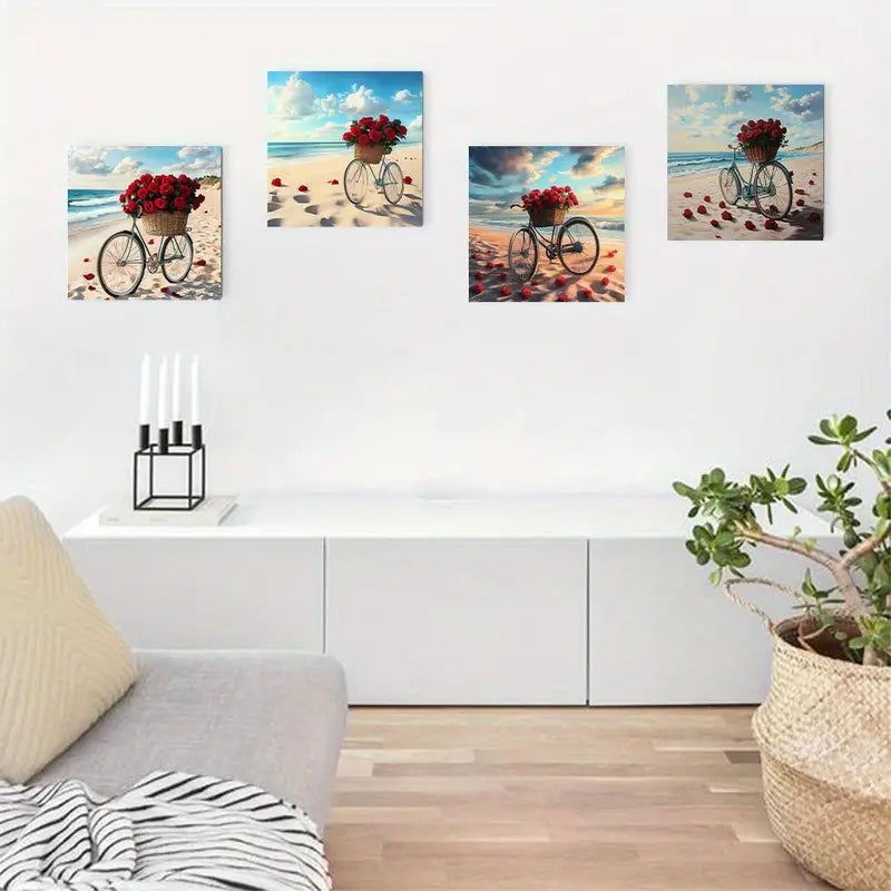 4pcs Bicycle Wooden Basket Red Flower Wall Art Canvas Framed