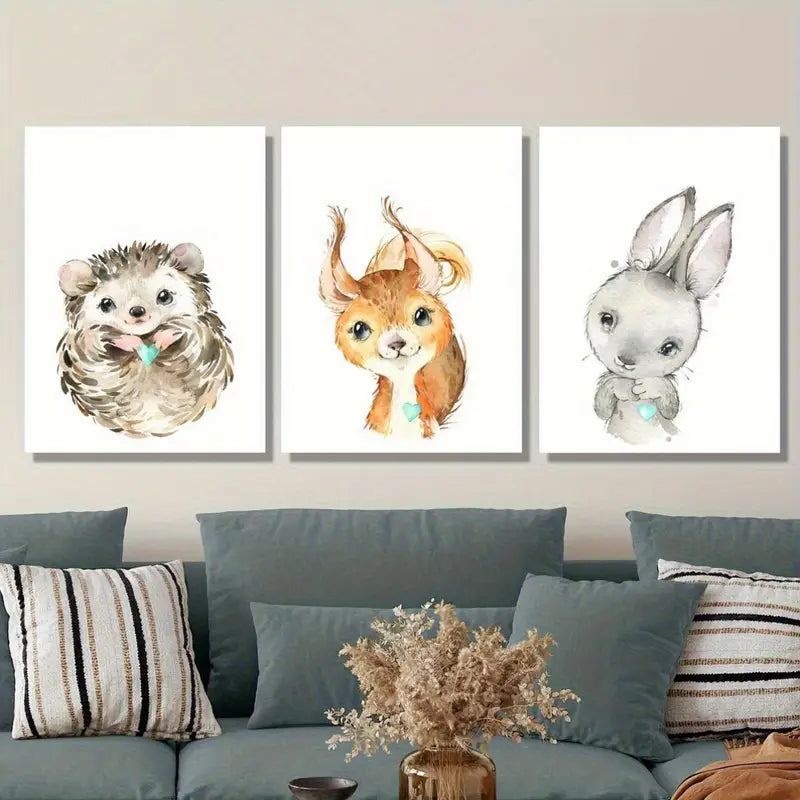 3pcs Cute Hedgehog, Squirrel, Bunny Metal Print Ready to Hang Art - Bella Home Decor