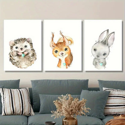 3pcs Cute Hedgehog, Squirrel, Bunny Metal Print Ready to Hang Art - Bella Home Decor