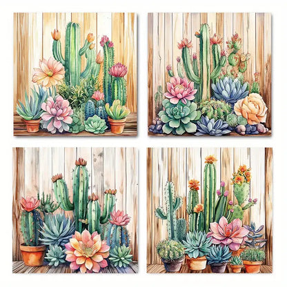 4pcs Fleshy Spiny Flowers, Vibrant Colors Wall Art Canvas Framed