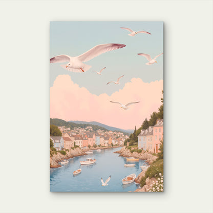 Coastal Village Seagulls Pastel Sky 40x60cm Metal Print Ready to Hang