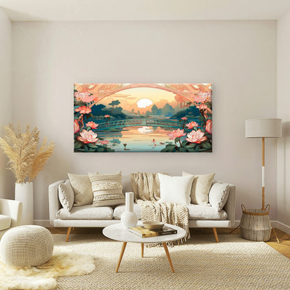 Japanese Lotus Bridge Sunset Wall Art Canvas Office Home Room Framed 120x60cm