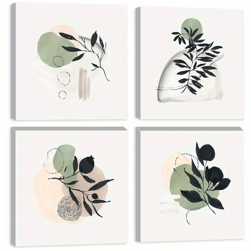 4pcs Black Branches And Leaves Wall Art Canvas Framed