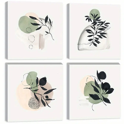 4pcs Black Branches And Leaves Wall Art Canvas Framed