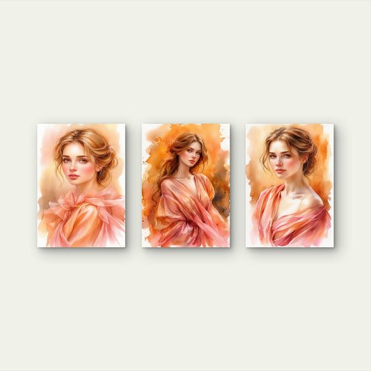 3pcs Elegant Woman Watercolor Portrait Peach Tone Wall Art Set Canvas Framed 40x60cm - High Quality Print 100% Australian Made Wall Canvas Ready to Hang