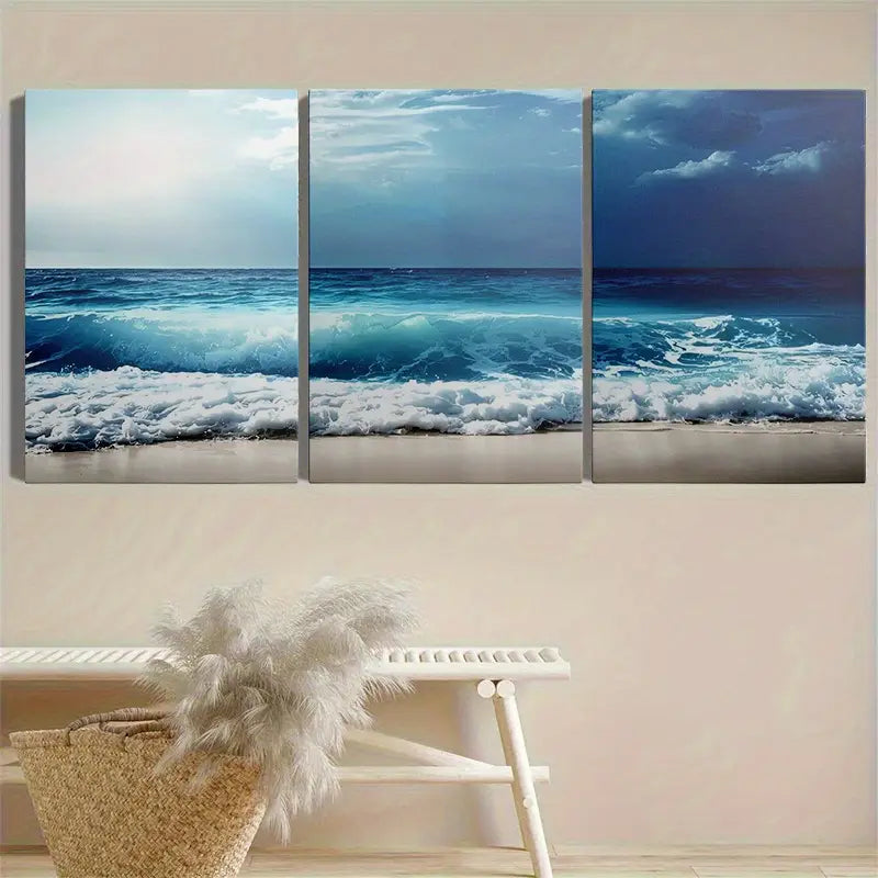 3pcs Featuring Waves & Beach Scenes Metal Print Ready to Hang Art