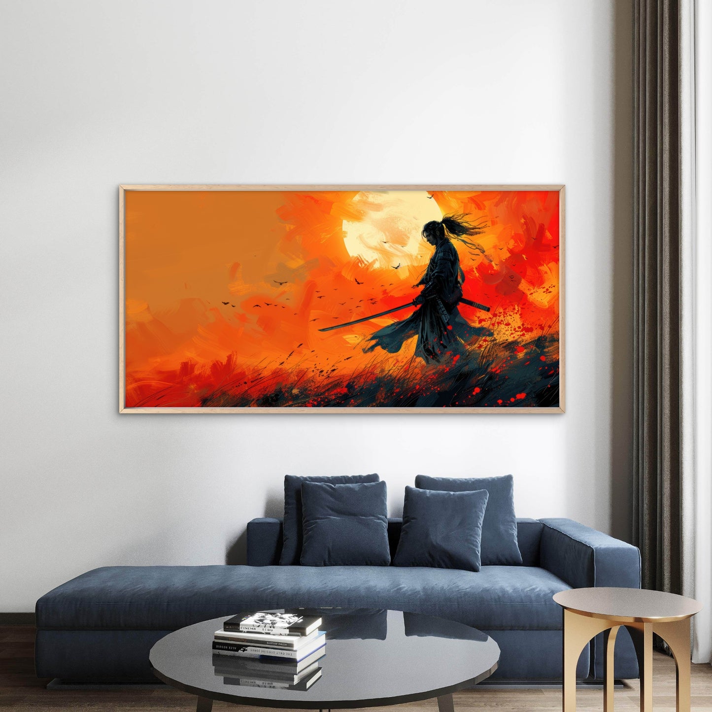 Samurai Katana Orange Dawn Wall Art Canvas Office Home Room Framed 120x60cm