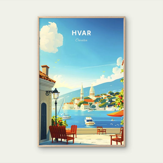 A Charming Coastal View from Hvar, Croatia Travel Poster Print Wall Art