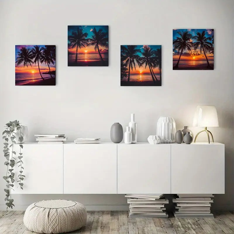4pcs  Tropical Beach Palm Evening Glow Decor Wall Art Canvas Framed