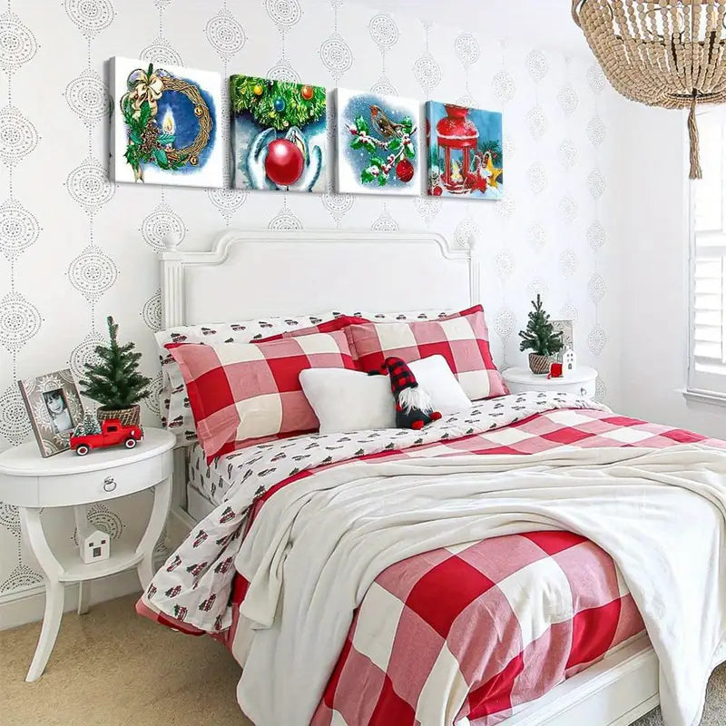 4pcs Snowy Lantern & Bird Wall Art Canvas Framed