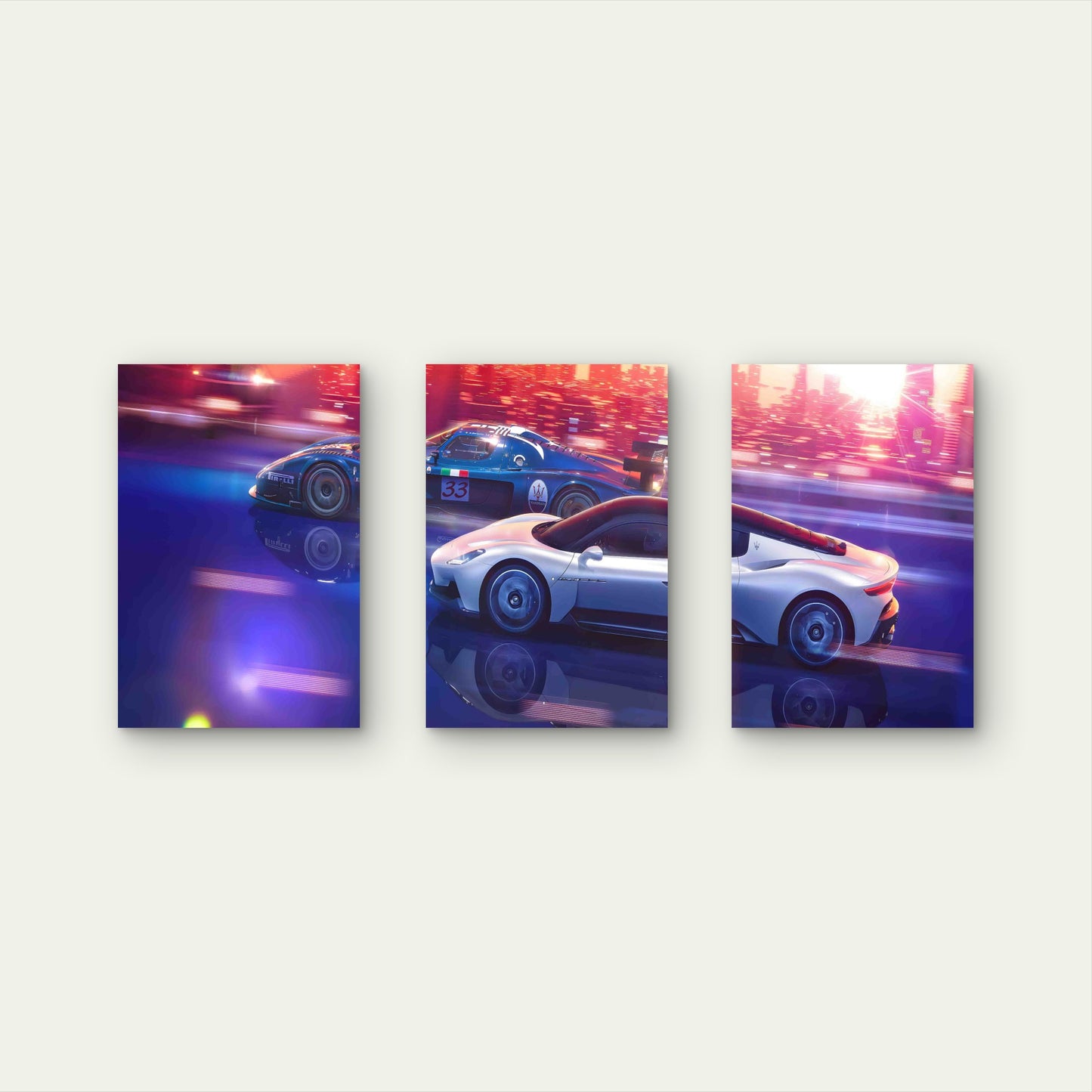3pcs Supercar City Circuit Sunset Blue and White Metal Print Ready to Hang Art