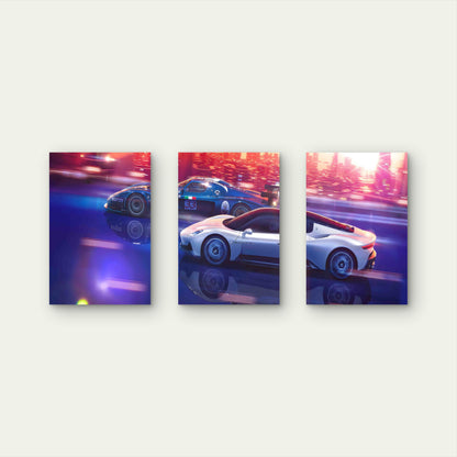 3pcs Supercar City Circuit Sunset Blue and White Metal Print Ready to Hang Art