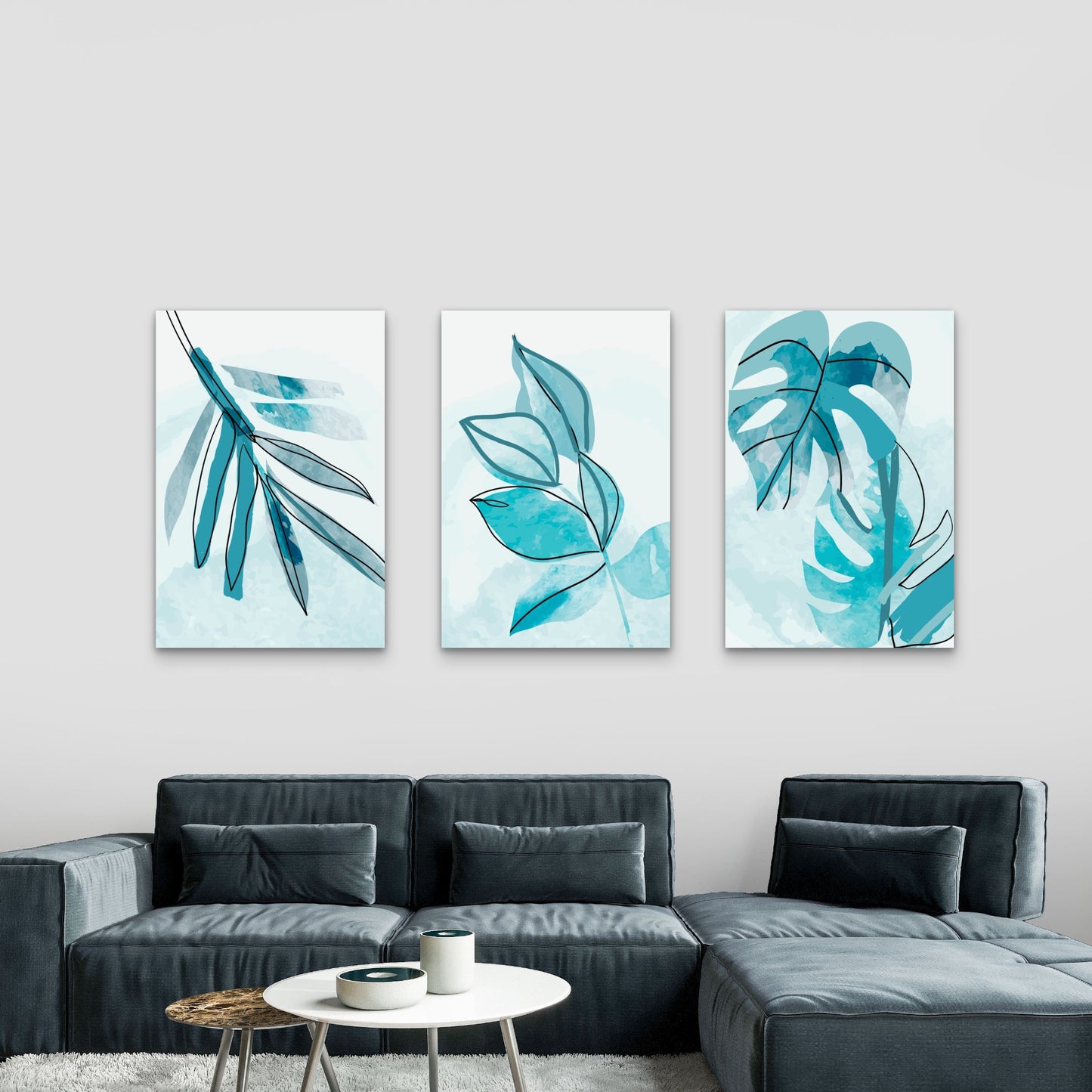 3pcs Teal Botanical Watercolor Leaf  Wall Art Set Canvas Framed 40x60cm - High Quality Print 100% Australian Made Wall Canvas Ready to Hang