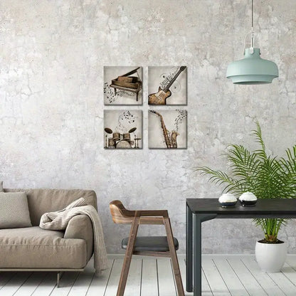 4pcs Vintage Piano, Guitar, Saxophone & Drum Set Wall Art Canvas Framed