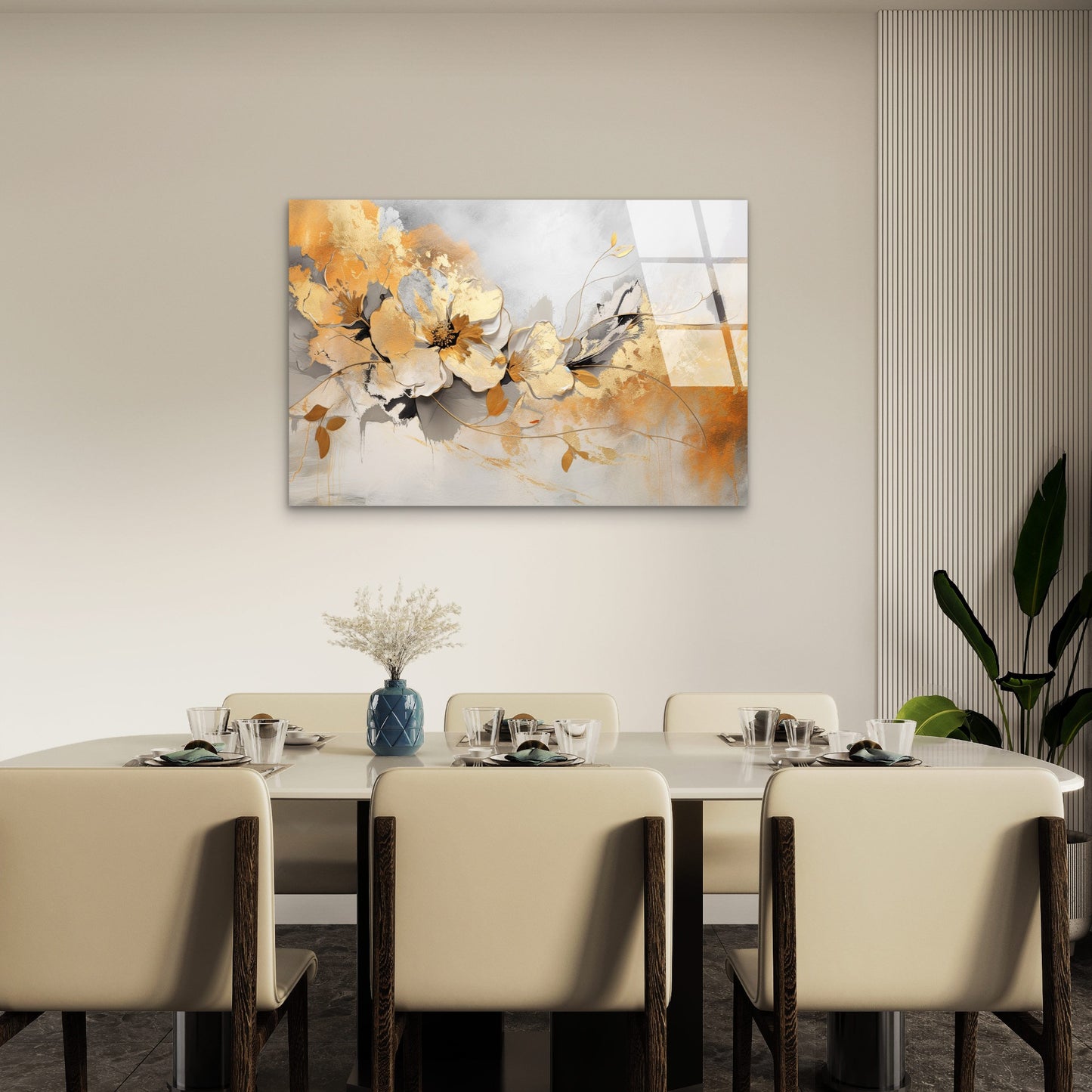 Gold White Floral Painting Acrylic Glass Printing Wall Art Australian Made Quality