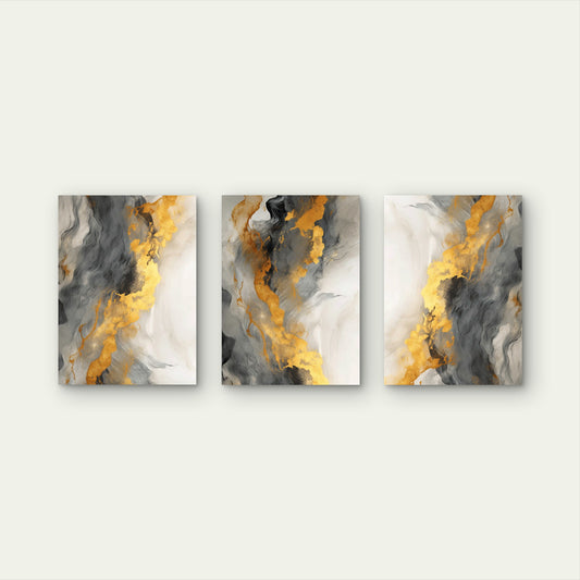 3pcs Elegant Grey Metallic Gold Wave Pattern Wall Art Set Canvas Framed 60x90cm - High Quality Print 100% Australian Made Wall Canvas Ready to Hang