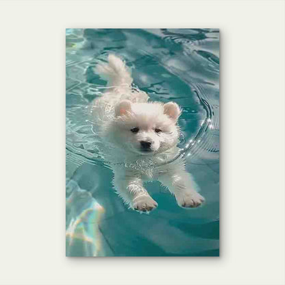 White Puppy Swimming in Water 60x90cm Metal Print Ready to Hang