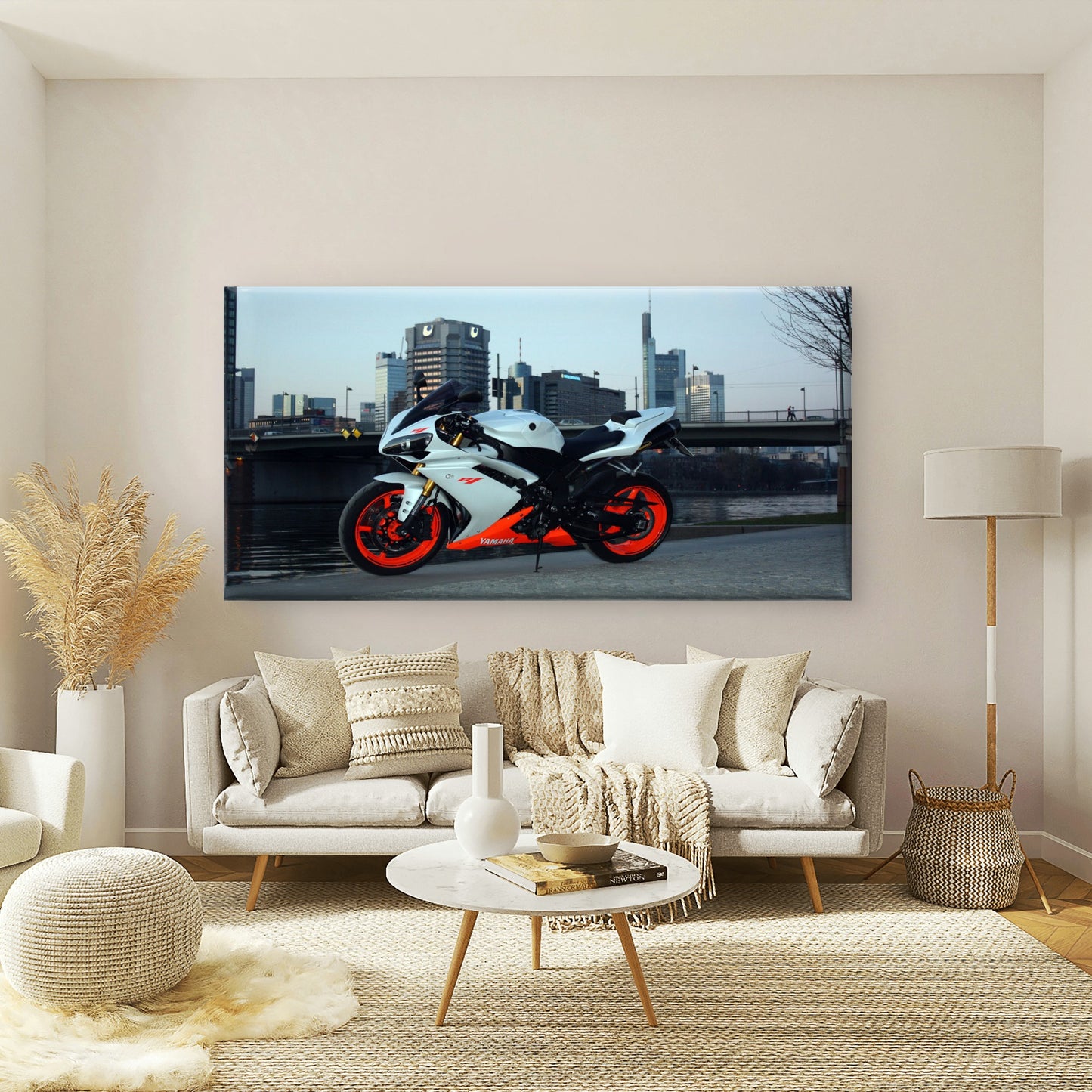 White Yamaha In The City Wall Art Canvas Office Home Room Framed 120x60cm