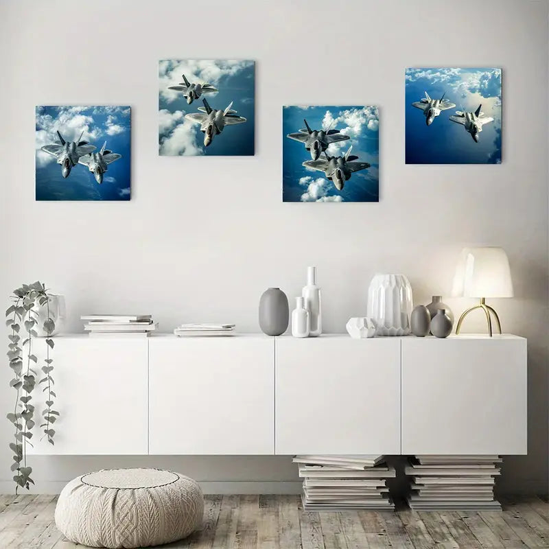 4pcs Fighter Jets Are Flying In The Sky  Wall Art Canvas Framed - Bella Home Decor