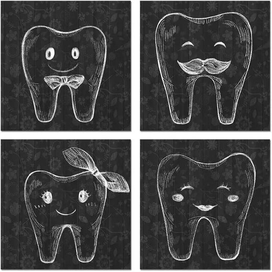 4pcs Teeth Family Black And White Tooth Painting Wall Art Canvas Framed