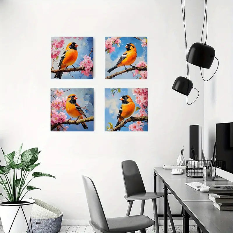 4pcs  Colorful Birds Sitting on Tree Branch RT       Wall Art Canvas Framed