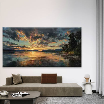Sunset Over a Lake Wall Art Canvas Office Home Room Framed 120x60cm